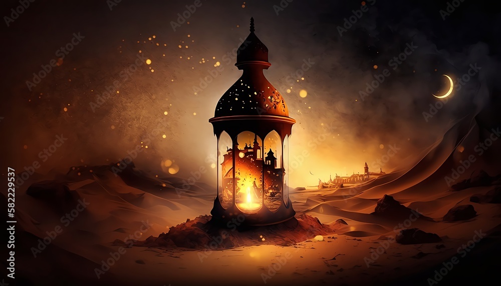 Fototapeta premium ramadan lantern light at night, generative AI