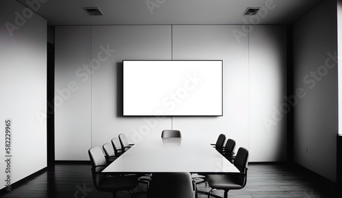 Meeting conference room with blank empty tv screen monitor. Made with Generative Ai	
