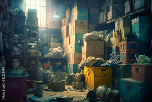 Abandoned boxes and forgotten merchandise collecting dust in a dark corner of the warehouse