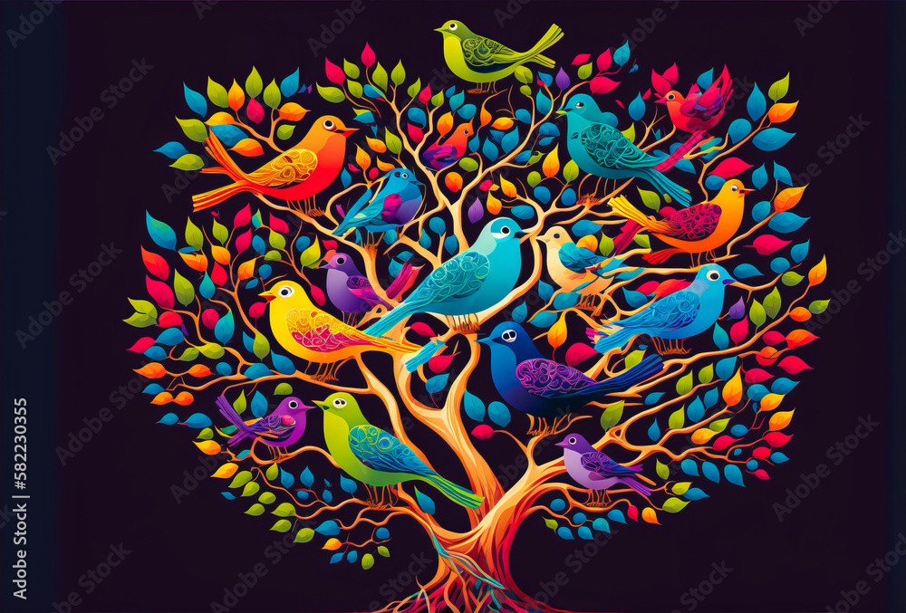 This tree illustrates the idea that happiness is contagious, with its branches filled with vibrant and boldly colored birds. This image evokes joy and excitement. Generative AI This tree illustrates the idea that happiness is contagious, with its branches filled with vibrant and boldly colored birds. This image evokes joy and excitement. Generative AI