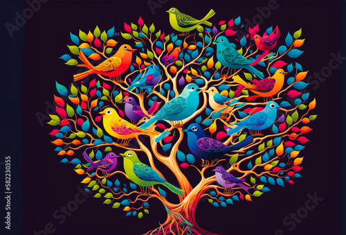 This tree illustrates the idea that happiness is contagious, with its branches filled with vibrant and boldly colored birds. This image evokes joy and excitement. Generative AI