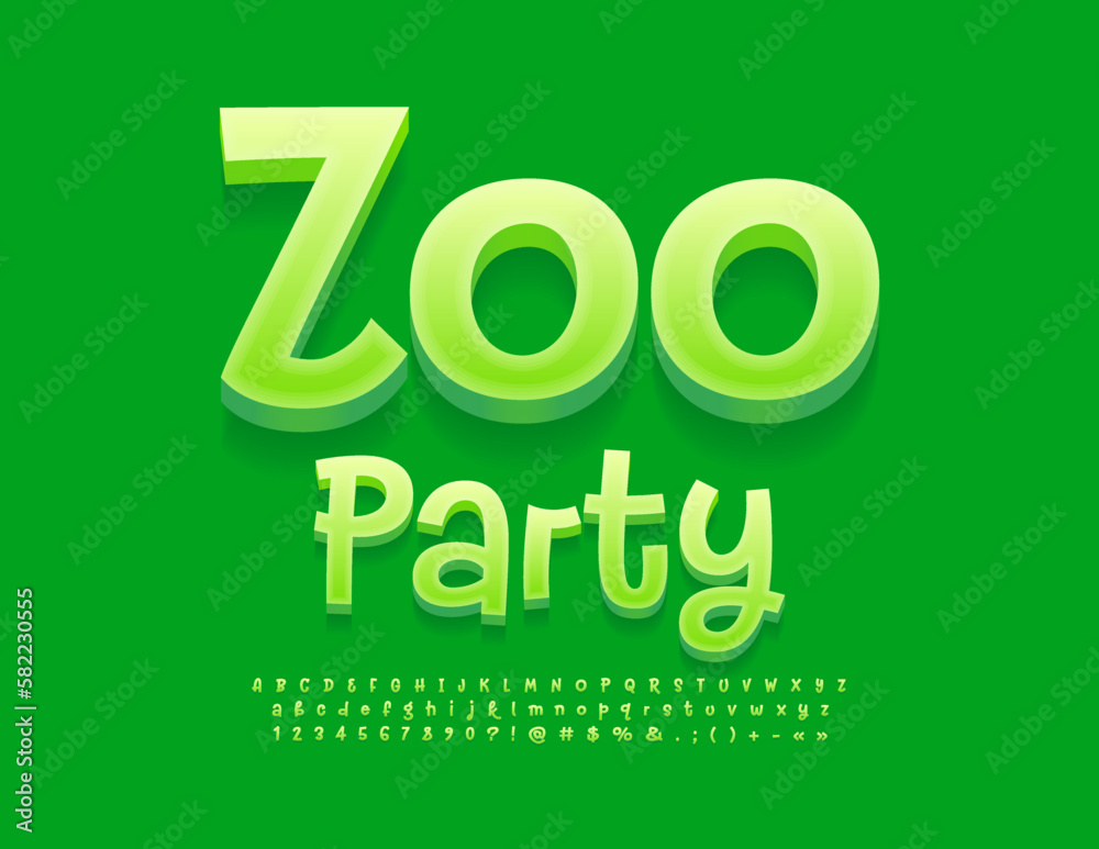 Vector creative Emblem Zoo Party with modern playful Font. Funny Green Alphabet Letters, Numbers and Symbols set Vector creative Emblem Zoo Party with modern playful Font. Funny Green Alphabet Letters, Numbers and Symbols set