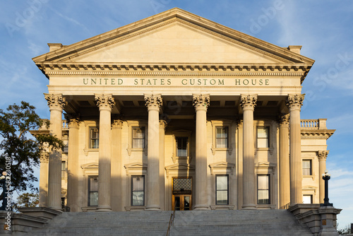 View of the 1879 United States Custom House east facade in the Renaissance Revival style in the late afternoon sun, Charleston, SC, USA