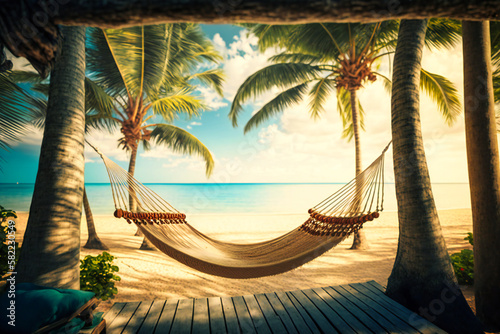 A striped hammock swaying gently between two palm trees  overlooking a serene shoreline