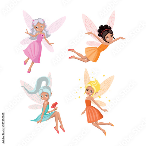 Cartoon magic fairies. A collection of cute fairytale girls characters.