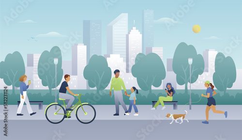 City life flat vector illustration. People walking, running, cycling and spending time in a public park on an urban cityscape background. Weekend outdoor recreation.