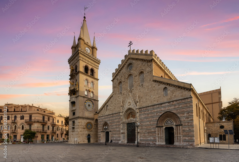 Historic Church in a touristic city Messina, Sicilia, Italy. Cloudy Sunrise Sky Art Render.