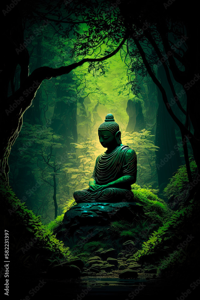 A buddha statue sitting in the middle of a forest. Generative AI A buddha statue sitting in the middle of a forest. Generative AI