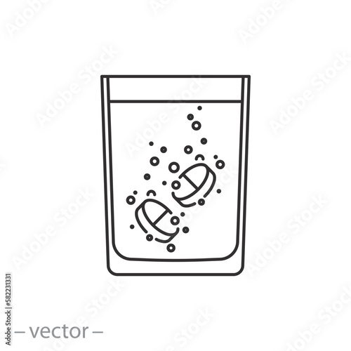 glass with water and soluble pills, medical tablets, vitamins drink, thin line symbol on white background - editable stroke vector illustration eps10