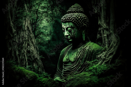 A buddha statue sitting in the middle of a forest. Generative AI