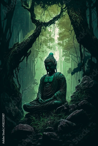 A buddha statue sitting in the middle of a forest. Generative AI © Oleksandr