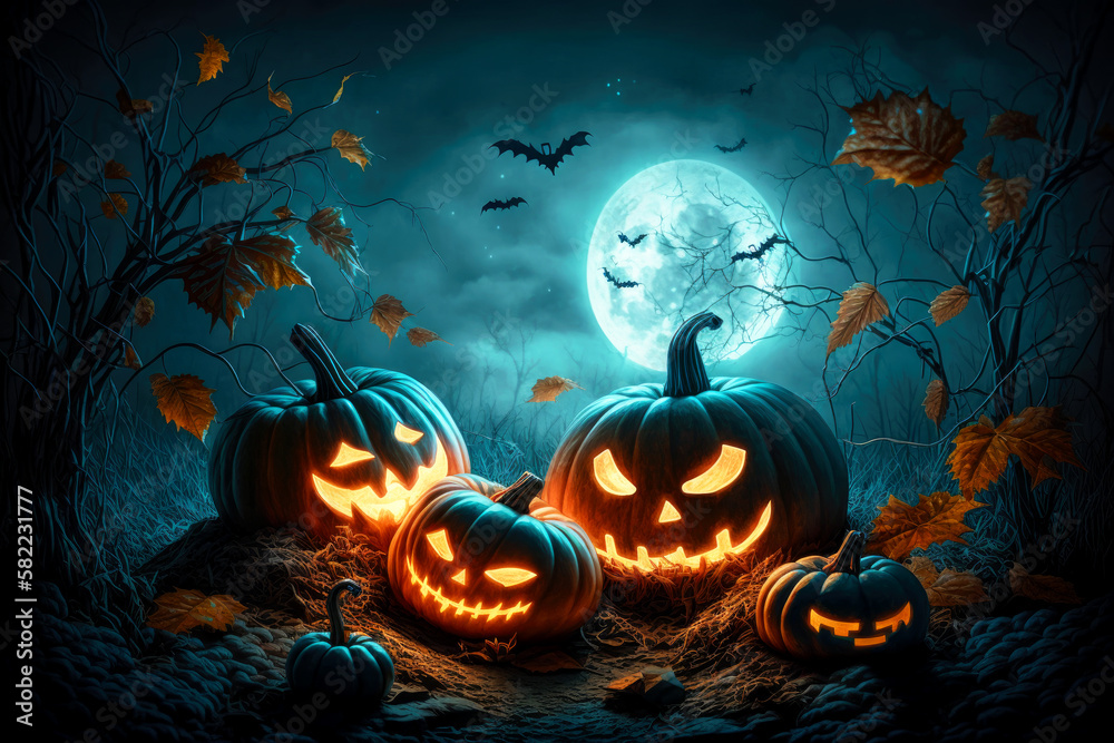 Jack O’ Lanterns Glowing At Moonlight In The Spooky Night, Generative AI