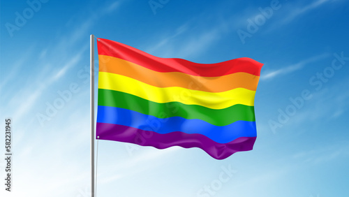 Waving rainbow flag template. Rainbow flag waving in wind at cloudy sky. Template of web page, banner or poster for decoration of Pride Month events. Tolerance and freedom concept.Vector illustration.