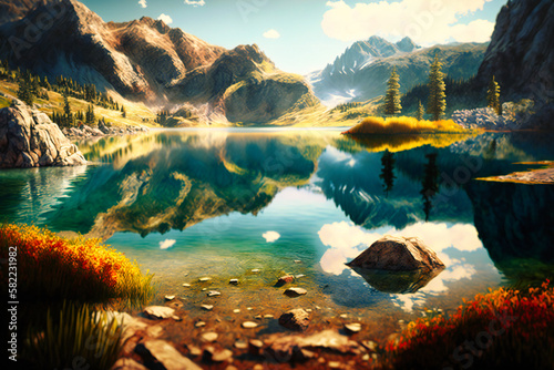 A crystal-clear alpine lake nestled among rugged mountain peaks, bathed in golden sunlight