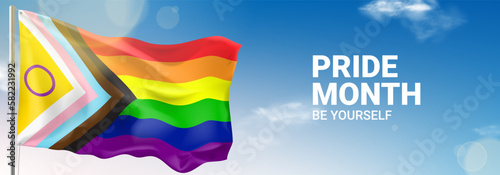 Waving intersex inclusive pride flag. LGBTQ Progress Pride flag waving in wind at cloudy sky. Template of banner or poster for Pride Month events. Tolerance and freedom concept.Vector illustration.