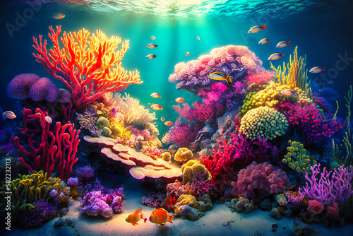 A thriving underwater coral reef teeming with colorful marine life, illuminated by sunbeams