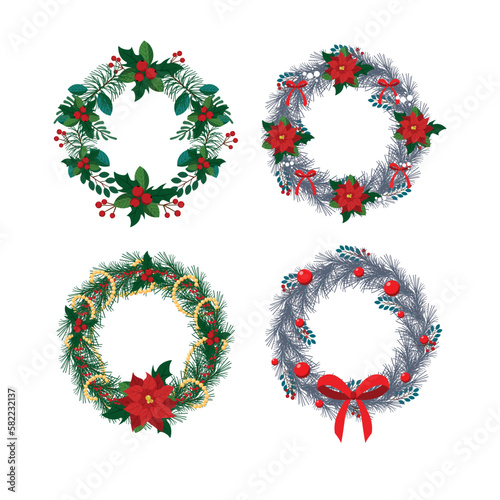 Set of realistic Christmas wreaths. Objects for decoration.