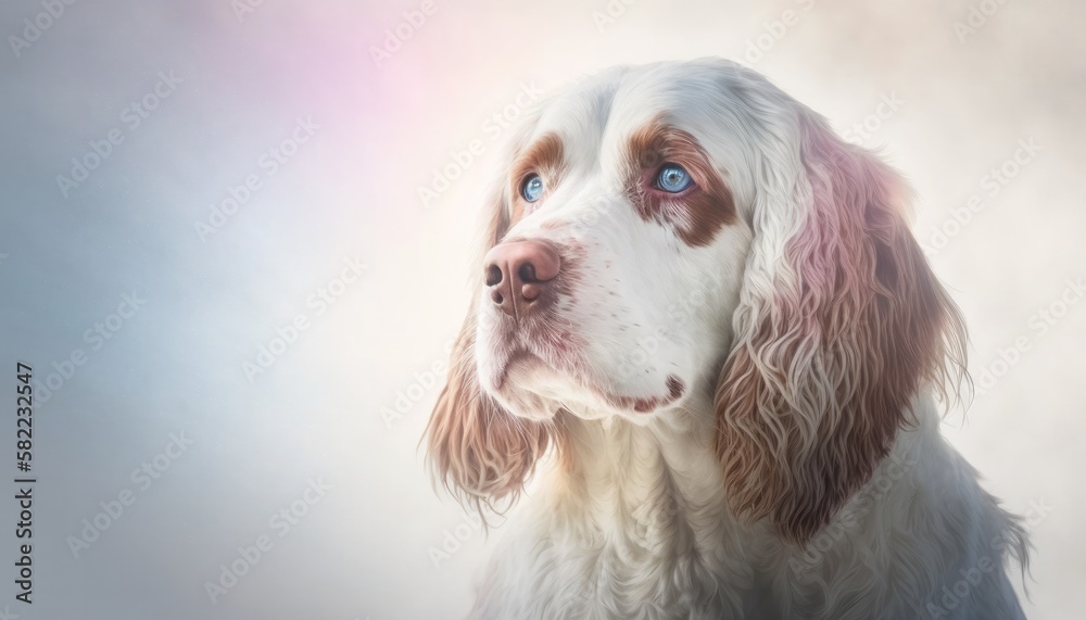Clumber Spaniel Dog Medium Shot White Pink Blue Magical Fantasy Bokeh. Generative AI