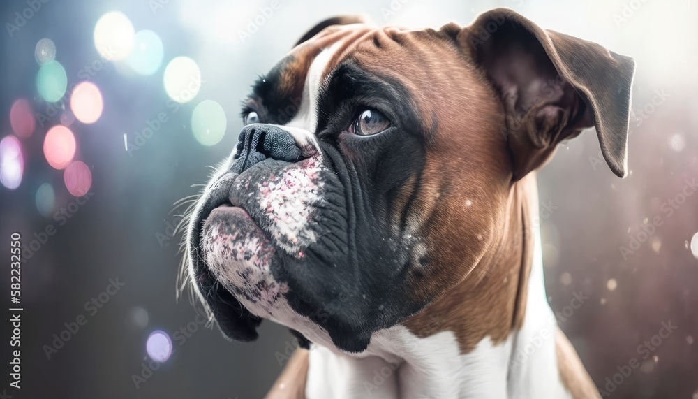 Boxer Dog Medium Shot White Pink Blue Magical Fantasy Bokeh. Generative AI