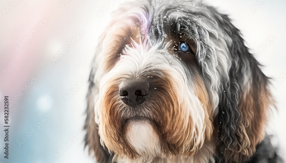 Otterhound Dog Medium Shot White Pink Blue Magical Fantasy Bokeh. Generative AI