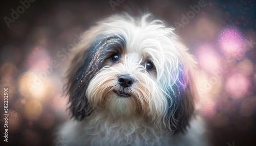 Havanese Dog Medium Shot White Pink Blue Magical Fantasy Bokeh. Generative AI