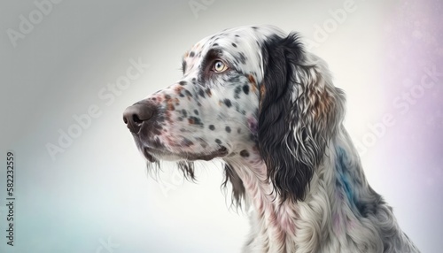English Setter Dog Medium Shot White Pink Blue Magical Fantasy Bokeh. Generative AI