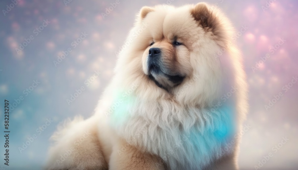 Chow Chow Dog Medium Shot White Pink Blue Magical Fantasy Bokeh. Generative AI
