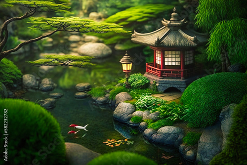 A tranquil Japanese garden featuring a stone lantern, koi pond, and vibrant summer greenery