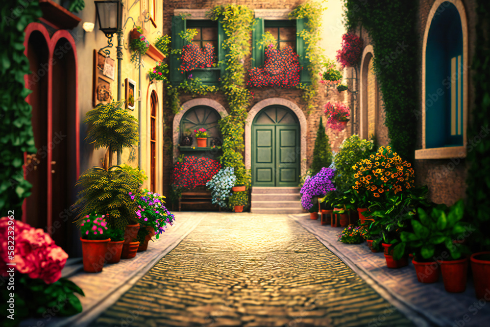 A narrow cobblestone street lined with ivy-covered walls and vibrant flowering window boxes