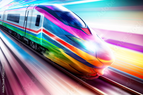 Colorful High speed train with motion blur effect, Generative AI