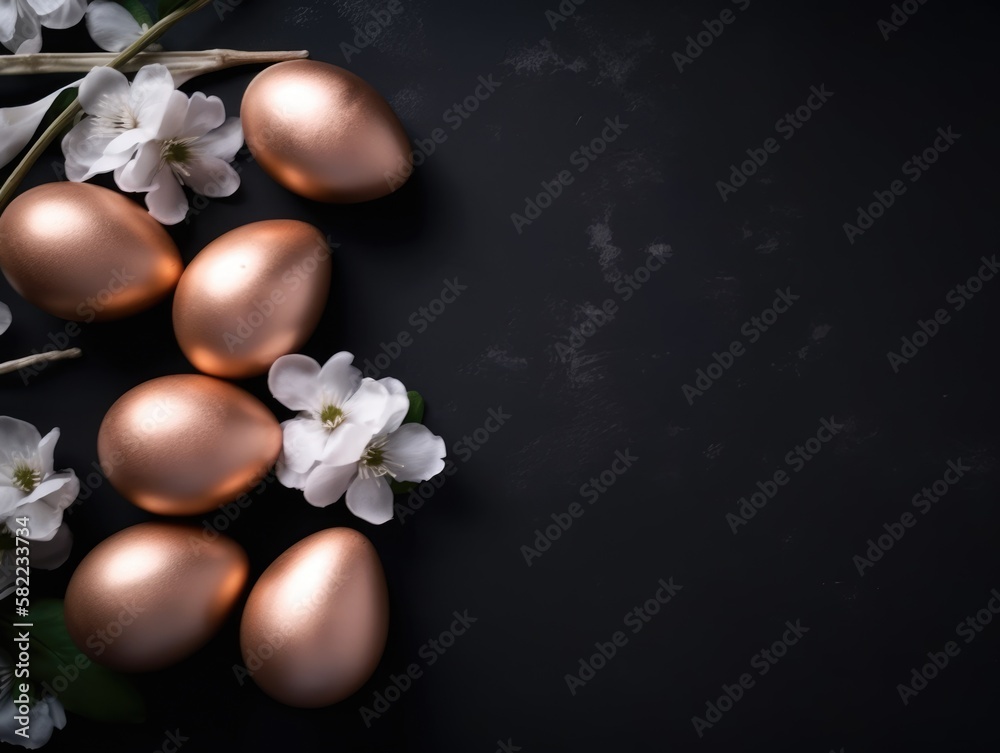 Golden Easter Eggs and Elegant White Roses on a Black Table Golden Easter Eggs and Elegant White Roses on a Black Table