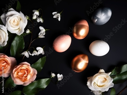 Golden Easter Eggs and Elegant White Roses on a Black Table