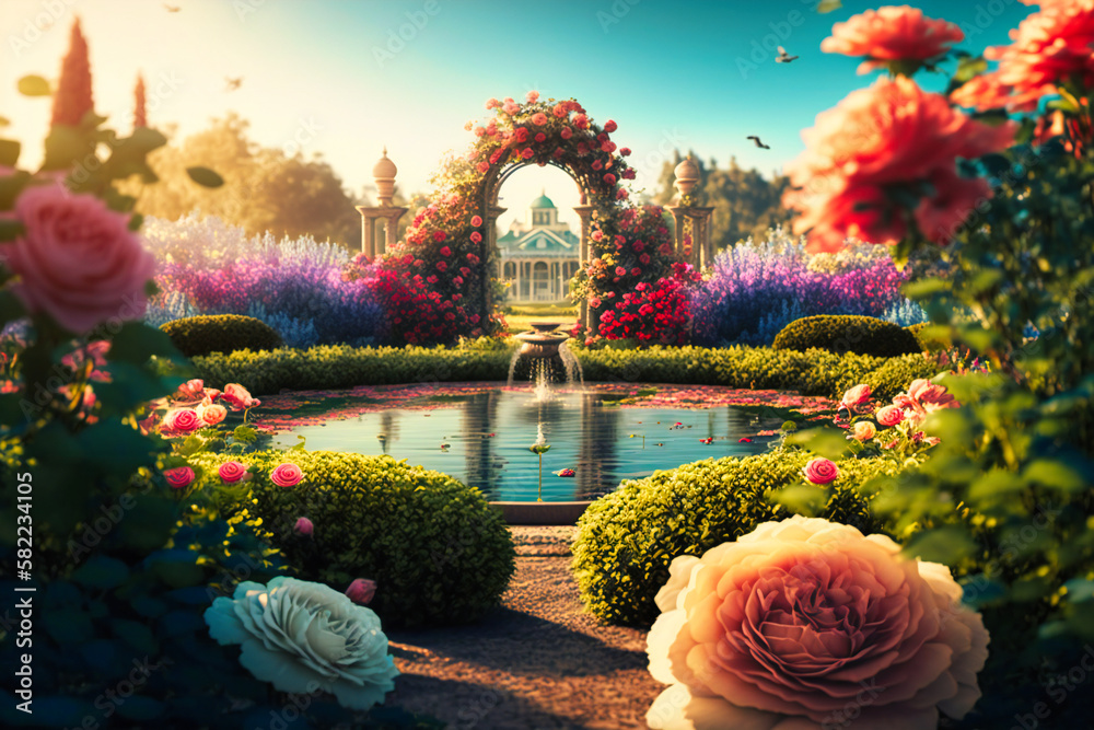 A fragrant rose garden in full bloom, boasting a kaleidoscope of colors under the summer sun