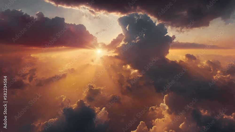 An aerial shot above beautiful sunset clouds with sun shining on horizon, detailed picturesque view, camera moving into amazing cloudscape with beautiful light rays, realistic CG animation.