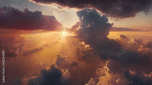 An aerial shot above beautiful sunset clouds with sun shining on horizon, detailed picturesque view, camera moving into amazing cloudscape with beautiful light rays, realistic CG animation.