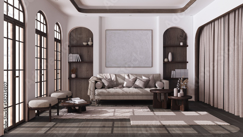 Modern dark wooden living room with parquet and arched windows. Fabric sofa  carpets and armchairs in white and beige tones. Boho style interior design