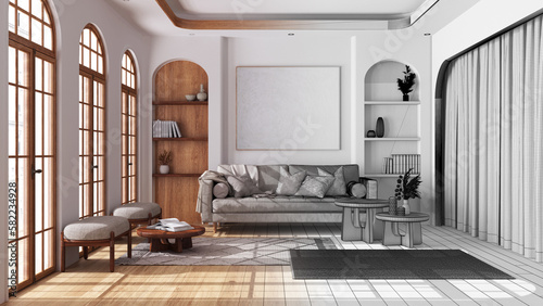 Architect interior designer concept: hand-drawn draft unfinished project that becomes real, modern wooden living room with parquet and arched windows. Boho style