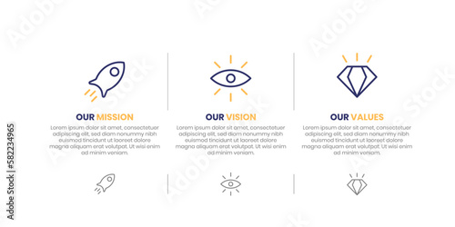 Mission, Vision and Values of company with text. Company infographic Banner template. Modern flat icon design. Abstract icon. Purpose business concept. Mission symbol illustration. Abstract eye. 