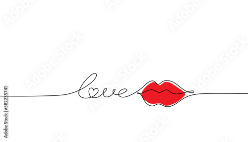 Lettering love and kiss in linear style on a white background. Endless line, female lips, lipstick.