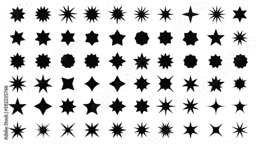 Set of geometric star shapes in trendy retro style. Star shapes trippy vibe shapes with sparkles. Y2k aesthetic elements for banners, social media, poster design
