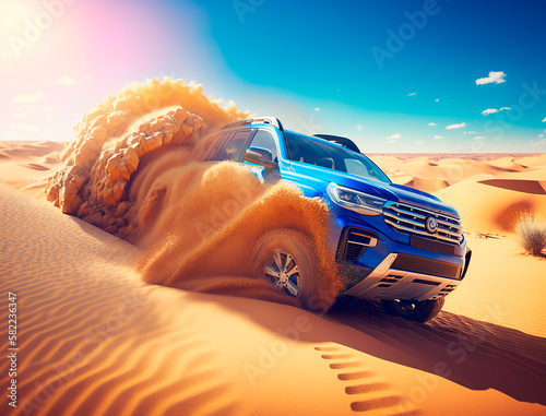 Obraz na płótnie A blue SUV on a clear sunny day rushes through the dunes.