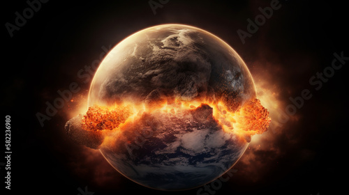 armageddon, apocalypse, nuclear war, explosion, explode, fire, flame, nuke, earth, planet, globe, space, world, map, global, blue, sphere, night, 3d, sun, universe, astronomy, generative, ai