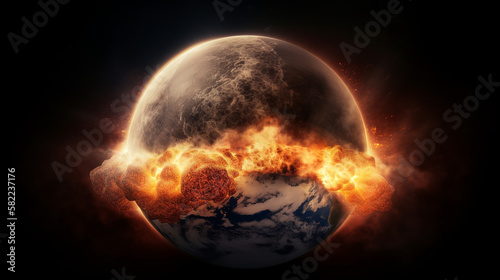 armageddon, apocalypse, nuclear war, explosion, explode, fire, flame, nuke, earth, planet, globe, space, world, map, global, blue, sphere, night, 3d, sun, universe, astronomy, generative, ai