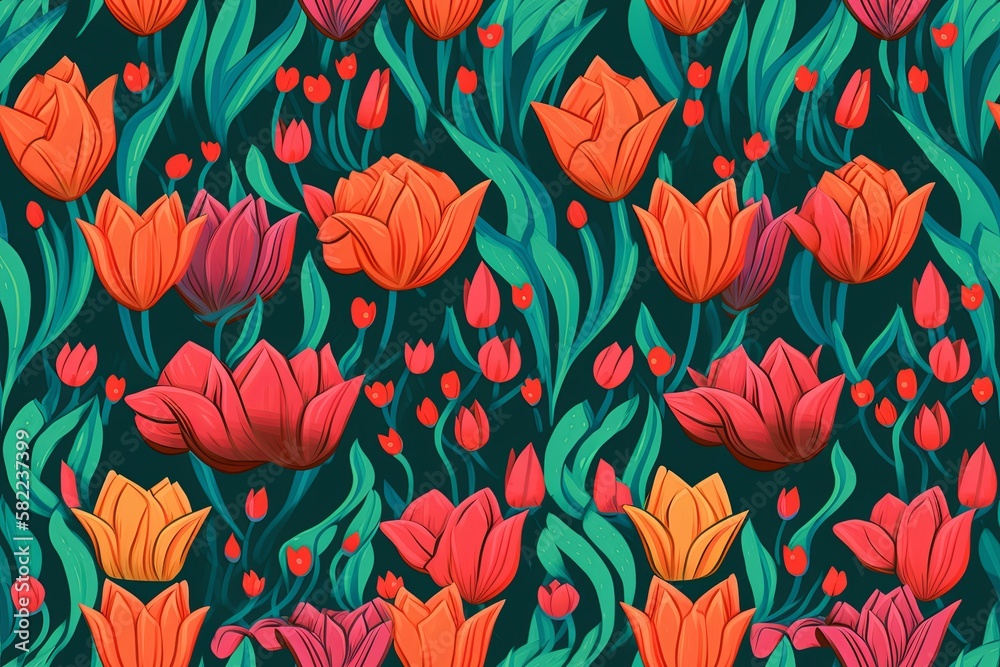 Tulip Tapestry: Repeating Pattern Inspired by a Colorful Field of Blooming Tulips - Seamless Tile Background, Tiling Landscape, Tileable Image, repeating pattern Tulip Tapestry: Repeating Pattern Inspired by a Colorful Field of Blooming Tulips - Seamless Tile Background, Tiling Landscape, Tileable Image, repeating pattern