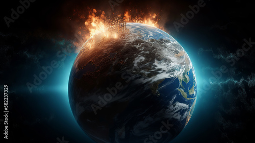 armageddon, apocalypse, nuclear war, explosion, explode, fire, flame, nuke, earth, planet, globe, space, world, map, global, blue, sphere, night, 3d, sun, universe, astronomy, generative, ai