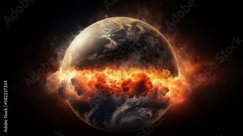 armageddon, apocalypse, nuclear war, explosion, explode, fire, flame, nuke, earth, planet, globe, space, world, map, global, blue, sphere, night, 3d, sun, universe, astronomy, generative, ai