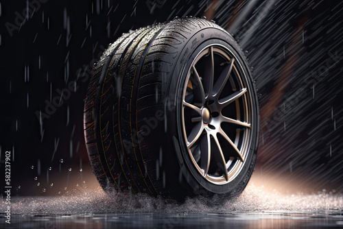 Jante et pneu de voiture de sport de grande largeur en test sous la pluie, aquaplaning