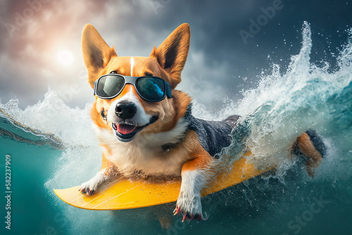 Hund mit Sonnenbrille auf einem Surfbrett im Wasser, Urlaubsfreude, Generative AI © Stephan