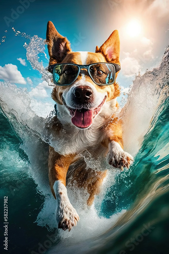 Hund mit Sonnenbrille springt aus dem Wasser, Urlaubsfreude, Generative AI