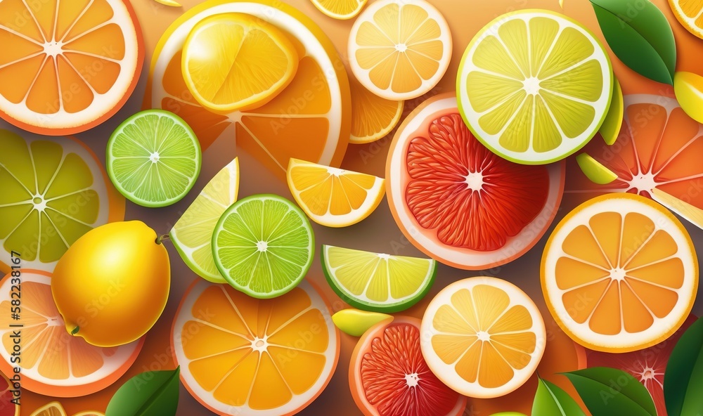  a bunch of citrus fruit cut in half and arranged on top of each other with green leaves and oranges in the middle of them.  generative ai